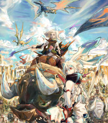 animal_ears blue_sky bull rabbit_ears rabbit_tail cloud colored_skin day dragon hrhr multiple_girls navel pixiv_fantasia pixiv_fantasia_sword_regalia riding sky tail white_skin