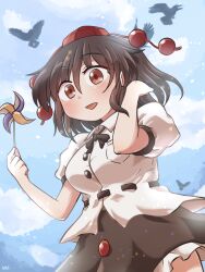 1girl :d bird black_bow black_bowtie black_hair black_skirt blue_sky bow bowtie breasts buttons commentary_request crow hair_between_eyes hat highres holding looking_at_viewer medium_breasts open_mouth outdoors pinwheel red_eyes red_hat rokugou_daisuke shameimaru_aya shirt short_hair short_sleeves signature skirt sky smile solo standing tokin_hat touhou white_shirt