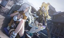 2girls animal_ears black_gloves black_thighhighs blonde_hair breasts cleavage gloves green_eyes highres ju_fufu long_hair midori_matsukaze multiple_girls one_eye_closed open_mouth outdoors second-party_source shoes single_thighhigh socks thighhighs tiger_ears tiger_girl white_shoes white_socks yi_xuan_(zenless_zone_zero) zenless_zone_zero