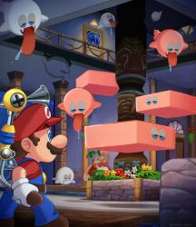 Rule 34 | 2boys, absurdres, arm up, artist name, black eyes, block boo, blonde hair, blue eyes, blue overalls, blue sclera, boo (mario), bow, bowtie, brown hair, brown shoes, closed mouth, colored sclera, door, drooling, f.l.u.d.d., facial hair, fangs, floating, flower, ghost, gloves, half-closed eyes, hat, highres, hotel, in-universe location, indoors, jacket, mario, mario (series), multiple boys, mustache, newsboy cap, nintendo, open clothes, open jacket, open mouth, orange flower, orange jacket, overalls, pianta, pillar, pink flower, plant, platform, red bow, red flower, red hat, red shirt, saliva, sasaki sakiko, see-through body, shirt, shoes, short hair, sleepy, sleeveless, sleeveless jacket, smile, standing, super mario sunshine, tongue, tongue out, twitter username, water, white gloves, white shirt, yellow flower