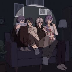 4boys :d :t ahoge barefoot black_hair black_hoodie black_pants blue_hair braid closed_mouth commentary_request couch covered_mouth crossed_bangs dytica_(nijisanji) eating feet flower_pot food green_eyes green_hair grey_eyes grey_hair grey_pants grey_shirt hair_between_eyes hair_over_shoulder hand_up heterochromia holding holding_pillow hood hood_down hoodie hoshirube_sho hugging_object inami_rai index_finger_raised indoors knees_up koyanagi_rou lamp long_hair long_sleeves low_ponytail male_focus multicolored_hair multiple_boys murakumo_kagetsu nekokomachi nijisanji on_couch open_mouth outstretched_arm pants pants_rolled_up picture_frame pillow pillow_hug plant pointing ponytail popcorn potted_plant print_shirt purple_eyes purple_hair shelf shirt short_hair side_braid single_braid sitting smile socks streaked_hair sweater turtleneck turtleneck_sweater v-shaped_eyebrows virtual_youtuber watching_television white_shirt white_socks white_sweater