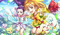 2girls belt belt_bag big_hair blonde_hair blue_arm_warmers blue_bag blue_dress blue_leg_warmers blue_sky bow bow_hairband bowtie brooch brown_eyes brown_hair choppy circle_skirt city cloud cure_bright cure_windy day dress earrings eyelashes fingerless_gloves flappy_(futari_wa_precure) floating_clothes floating_hair flying foop forehead forest frilled_dress frilled_leg_warmers frills full_body futari_wa_precure_splash_star gloves gold_earrings green_arm_warmers green_dress green_leg_warmers hair_ornament hairband happy heart heart_brooch heart_earrings heart_hair_ornament holding_hands hyuuga_saki interlocked_fingers jewelry leg_warmers light_blush light_particles long_dress long_hair looking_at_viewer magical_girl medium_hair miniskirt mishou_mai moop multiple_girls nakajima_majikana nature open_mouth outdoors outstretched_arm pink_belt pink_bow pink_ribbon pleated_dress ponytail precure puffy_short_sleeves puffy_sleeves purple_eyes purple_hair purple_shoes purple_skirt purple_sleeves red_brooch red_gloves red_shorts ribbon shoes short_dress short_sleeves shorts shorts_under_dress skirt skirt_under_dress sky smile sparkle swept_bangs tareme teeth thick_eyebrows upper_teeth_only very_long_hair white_hairband yellow_bow yellow_bowtie