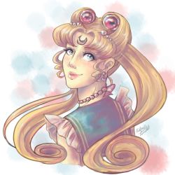 1girl artist_request bishoujo_senshi_sailor_moon blonde_hair blue_eyes earrings facial_mark female_focus forehead_mark jewelry long_hair lowres necklace over_shoulder sailor_collar sailor_moon smile solo source_request tsukino_usagi victory_rolls