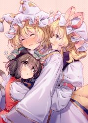 Rule 34 | 3girls, :d, ?, ^ ^, animal ears, brown eyes, brown hair, cat ears, cat tail, chen, closed eyes, commentary request, confused, double-parted bangs, fox ears, gold trim, green headwear, happy, hat, heart, highres, hug, long sleeves, looking at another, masanaga (tsukasa), mob cap, multiple girls, multiple tails, nekomata, open mouth, profile, red vest, short hair, smile, spoken heart, spoken question mark, tail, touhou, two tails, vest, white headwear, yakumo ran, yakumo yukari