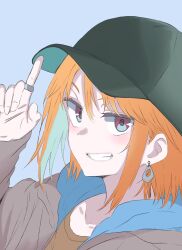 1girl baseball_cap earrings grin hat highres idolmaster idolmaster_cinderella_girls index_finger_raised jewelry kazuta1000 looking_at_viewer smile solo yuuki_haru