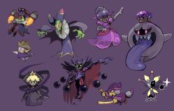 4girls 5boys :d ^_^ antasma arm_up blonde_hair broom broom_riding cackletta cape cloak closed_eyes closed_mouth clown clown_boy coke-bottle_glasses colored_skin colored_tongue commentary_request crown dimentio dress earrings elbow_gloves evil_smile fang fawful forehead_jewel gem ghost glasses gloves glowing glowing_eyes green_skin grey_hair grey_skin grin hair_over_one_eye hat highres holding holding_wand index_finger_raised jester jester_boy jetpack jewelry kammy_koopa king_boo king_olly long_sleeves long_tongue looking_at_viewer luigi&#039;s_mansion mario_&amp;_luigi:_bowser&#039;s_inside_story mario_&amp;_luigi:_dream_team mario_&amp;_luigi:_partners_in_time mario_&amp;_luigi:_superstar_saga mario_&amp;_luigi_rpg mario_(series) multiple_boys multiple_girls nintendo one_eye_covered opaque_glasses open_mouth paper_mario paper_mario:_the_origami_king paper_mario:_the_thousand_year_door pink_eyes princess_peach princess_shroob purple-framed_eyewear purple_background purple_cloak purple_dress purple_eyes purple_gemstone purple_gloves purple_headwear purple_robe purple_tongue rayman_limbs red-tinted_eyewear red_cape red_eyes rinabee_(rinabele0120) robe shadow_queen sharp_teeth short_hair short_sleeves simple_background smile sphere_earrings super_paper_mario teeth tinted_eyewear tongue tongue_out v-shaped_eyebrows wand witch_hat yellow_eyes