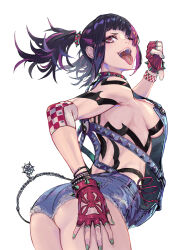 alternate_costume black_hair breasts capcom collar denim denim_shorts female_focus from_behind han_juri hand_on_own_thigh highres looking_at_viewer looking_back rinzo short_shorts shorts sideboob simple_background smile solo spiked_collar spikes street_fighter street_fighter_6 thumbs_down tongue tongue_out twintails white_background