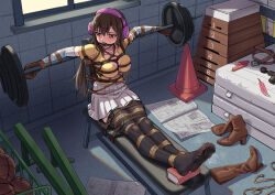 1girl black_thighhighs blush breast_bondage breasts brown_eyes brown_hair cleavage collarbone elbow_gloves gag gagged gloves gym headphones large_breasts long_hair looking_to_the_side no_shoes original pleated_skirt ring_gag root001 separated_arms shibari shibari_over_clothes shirt sitting skindentation skirt solo thighhighs tiger_bench torture very_long_hair white_gloves yellow_shirt zettai_ryouiki