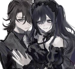 1boy 1girl akai_ringo_(eveyuno) black_dress black_hair bow breasts brown_hair carrying choker dress expressionless flower grey_shirt hair_bow highres holding looking_at_another necktie non-web_source original princess_carry purple_hair shirt simple_background smile white_background white_necktie yellow_eyes