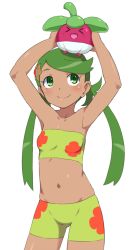 &gt;o&lt; 1girl 1koma armpits arms_up bandeau bare_shoulders bikini blush bounsweet breasts bubukka closed_eyes closed_mouth comic creatures_(company) dark-skinned_female dark_skin floral_print game_freak gen_1_pokemon gen_7_pokemon green_bikini green_eyes green_hair hair_ornament happy holding holding_pokemon mallow_(pokemon) midriff navel nintendo on_head open_mouth pokemon pokemon_(anime) pokemon_(creature) pokemon_on_head pokemon_sm_(anime) simple_background small_breasts smile staryu stomach strapless swept_bangs swimsuit thighs trial_captain tube_top twintails white_background
