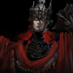 1boy absurdres armor black_background chainmail closed_mouth colored_eyelashes colored_skin cropped_torso elden_ring elden_ring:_shadow_of_the_erdtree facing_viewer grey_skin helmet highres long_hair looking_at_viewer male_focus mapomap0 messmer_the_impaler one-eyed one_eye_closed painterly red_hair red_lips solo solo_focus upper_body yellow_eyes
