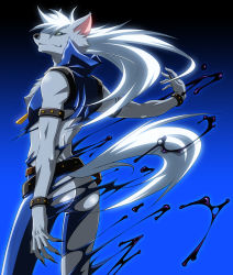 10s 1boy ass bad_id bad_pixiv_id blue_background blue_eyes fang from_behind furry furry_male highres ink long_hair looking_at_viewer looking_back male_focus precure smile_precure! solo tail torn_clothes wauwa werewolf white_hair wolf_tail wolfrun