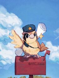 Rule 34 | animal focus, arc draws, bird, black eyes, cloud, day, full body, gen 1 pokemon, hat, highres, looking at viewer, mailbox (incoming mail), nintendo, no humans, outdoors, pidgey, pokemon, pokemon (anime), pokemon (classic anime), pokemon (creature), pokemon ep164, pokemon focus, scroll, sky, solo, sparkle, standing