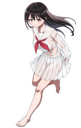 1girl absurdres barefoot bikini black_hair breasts brown_eyes cleavage collarbone commentary_request full_body highres long_hair medium_breasts neckerchief original pleated_skirt red_neckerchief running sailor_collar sailor_shirt school_uniform see-through_clothes see-through_shirt see-through_skirt serafuku shirt simple_background skirt smile solo swimsuit tuskryo white_background white_bikini white_sailor_collar white_shirt white_skirt