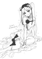 1girl armlet bracelet closed_mouth dress euryale_(fate) fate/grand_order fate_(series) flat_chest flower frilled_hairband frills greyscale hairband high-low_dress jewelry long_hair looking_at_viewer monochrome pleated_dress rose shirt simple_background sitting sketch smile solo strapless strapless_dress thigh_strap toboso_yana twintails twitter_username white_shirt