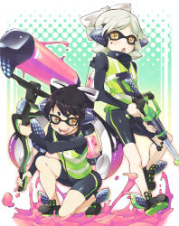 +_+ 2girls bike_shorts black_hair blush brown_eyes callie_(hero_suit)_(splatoon) callie_(splatoon) charger_(weapon) domino_mask fangs grey_hair gun halftone halftone_background headgear high-visibility_clothing high-visibility_vest highres holding ink ink_tank_(splatoon) inkling inkling_player_character kneeling long_hair long_sleeves looking_at_viewer marie_(hero_suit)_(splatoon) marie_(splatoon) mask mole mole_under_eye multiple_girls nintendo open_mouth oversized_object paint_roller paint_splatter rifle roller_(weapon) shirt shoes short_hair single_vertical_stripe smile sneakers sniper_rifle splatoon_(series) splatoon_1 spoilers squidbeak_splatoon standing takano_itsuki tentacle_hair vest weapon white_hair