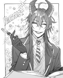 1boy ^_^ absurdres ahoge blazer book closed_eyes collared_shirt diagonal-striped_clothes diagonal-striped_necktie dragon_horns english_text fangs flower gloves greyscale grin hair_between_eyes happy_aura highres horns inset_border jacket lapels leather leather_gloves long_hair long_sleeves male_focus malleus_draconia monochrome necktie night_raven_college_uniform notched_lapels pen pointy_ears ryousuke_(tukr5384) school_uniform shirt smile solo sparkle star_(symbol) striped_clothes twisted_wonderland upper_body vest waistcoat wand