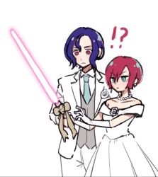 Rule 34 | !?, 1boy, 1girl, amate yuzuriha, aqua eyes, bare shoulders, blue hair, breasts, bride, collared shirt, colored inner hair, commentary request, couple, cutting, dress, energy blade, energy sword, flower, formal clothes, groom, guiding hand, gundam, gundam gquuuuuux, hetero, holding, holding sword, holding weapon, jewelry, karaage unai, long sleeves, multicolored hair, necktie, red eyes, red hair, ribbon, rose, shirt, short hair, shuji ito, simple background, strapless, strapless dress, suit, sword, tuxedo, weapon, wedding, wedding cake cutting, wedding dress, white background, white dress, white flower, white rose, white shirt