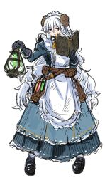 1girl apron belt black_gloves blue_dress book bow bowtie curled_horns dress gloves highres holding holding_book holding_lantern horns lantern long_dress long_hair maid maid_apron maid_headdress mary_janes mori_souchou original potion red_eyes shoes solo transparent_background very_long_hair white_apron white_hair white_headdress witch yellow_bow yellow_bowtie