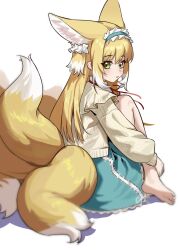 1girl alternate amamiyayk animal bad_tag blonde_hair cardigan chibi costume fox frills hairband highres kitsune multiple_tails neck official ribbon shirt suzuran_(arknights) tail