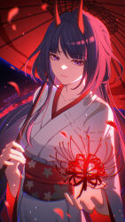 1girl acheron_(honkai:_star_rail) acheron_(izumo)_(honkai:_star_rail) chinese_commentary closed_mouth collarbone commentary_request cowboy_shot flower highres holding holding_umbrella honkai:_star_rail honkai_(series) horns japanese_clothes kimono long_hair official_alternate_costume oil-paper_umbrella purple_eyes purple_hair red_horns red_sash red_umbrella sash so_zei_tama_tama solo spider_lily umbrella very_long_hair white_kimono