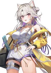 Rule 34 | 1girl, :p, animal ears, arknights, bare shoulders, blush, breasts, cat ears, cat girl, cleavage, clothes pull, coat, greypidjun, hair bun, hairband, hand on own hip, highres, hip focus, jacket, jacket pull, kazemaru (arknights), leotard, long hair, looking at viewer, medium breasts, multicolored hair, nail polish, off shoulder, open clothes, open coat, purple eyes, purple hair, purple nails, shuriken, skindentation, solo, sword, thighs, tongue, tongue out, two-tone hair, very long hair, weapon, white hair, white hairband, white leotard, yellow coat
