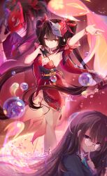 Rule 34 | 1girl, absurdres, artist name, bare shoulders, bell, black choker, black gloves, black hair, choker, commentary, criss-cross halter, detached sleeves, dress, english commentary, fox mask, gloves, halterneck, highres, holding, holding mask, honkai: star rail, honkai (series), index finger raised, leenarieart, long hair, looking at viewer, mask, mask on head, neck bell, obi, pink eyes, red dress, sash, single glove, smile, sparkle (honkai: star rail), sparkle (school uniform) (honkai: star rail), twintails