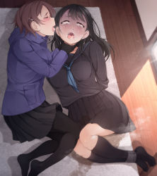 2girls arms_behind_back asphyxiation bdsm black_gloves black_hair black_skirt black_socks black_pantyhose blue_coat blue_neckwear blush bondage bound bound_ankles bound_arms brown_hair closed_eyes coat corpse crying crying_with_eyes_open death drooling feet_tied female_focus gloves guro highres kneehighs legs_tied long_hair multiple_girls necktie necrophilia on_floor open_mouth orange_eyes original pantyhose pee peeing peeing_self saliva saliva_trail school_uniform school_uniform short_hair skirt socks strangling strangulation sweat sweatdrop tears tongue tongue_out yuri