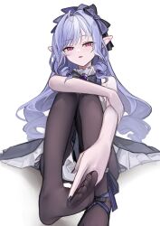 1girl absurdres bare_shoulders black_nails black_pantyhose bow commentary feet fingernails hair_bow highres knees_up long_hair looking_at_viewer mole mole_under_eye multicolored_hair nagata_gata nail_polish no_shoes pantyhose pointy_ears purple_bow purple_hair red_eyes sidelocks sitting soles solo streaked_hair toes vivian_(zenless_zone_zero) zenless_zone_zero