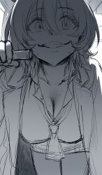 Rule 34 | 1girl, agnes tachyon (umamusume), backlighting, breasts, cleavage, coat, collarbone, commentary, english commentary, evil grin, evil smile, grin, hair between eyes, hanging breasts, hews, highres, holding, holding test tube, indoors, lab coat, large breasts, leaning forward, looking at viewer, medium hair, monochrome, necktie, open clothes, open coat, sketch, smile, solo, sweat, sweater vest, test tube, thighs, umamusume, unfinished, you gonna get raped
