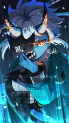 1girl absurdres aqua_jacket black_mask blue_horns blue_oni blue_skin colored_skin hair_between_horns highres holding holding_mask horns jacket looking_at_viewer mask multicolored_horns oni orange_eyes pointy_ears short_hair soukaku_(zenless_zone_zero) two-tone_horns white_hair yodaka002 zenless_zone_zero