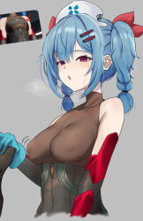 1girl absurdres bare_shoulders blue_gloves blue_hair blush bodysuit braid braided_twintails colphne_(girls&#039;_frontline_2) colphne_(silent_heart)_(girls&#039;_frontline_2) commentary_request covered_erect_nipples game_screenshot_inset girls&#039;_frontline girls&#039;_frontline_2:_exilium gloves grey_background hair_ornament hair_ribbon hairclip hat heavy_breathing highres holding looking_at_viewer medium_hair nurse_cap official_alternate_costume partial_commentary red_eyes red_ribbon ribbon sidelocks simple_background sleeveless sleeveless_bodysuit solo sweatdrop twin_braids twintails wimawi