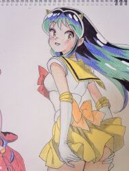 Rule 34 | back bow, bishoujo senshi sailor moon, bow, bowtie, colored pencil (medium), cone horns, crossover, elbow gloves, from behind, gloves, green hair, hands on own ass, highres, horns, long hair, looking at viewer, looking back, lum, magical girl, miniskirt, open mouth, orange bow, pointy ears, red bow, red bowtie, sailor collar, sailor senshi uniform, skirt, tomo okame0106, traditional media, unofficial sailor senshi uniform, urusei yatsura, white gloves, yellow sailor collar, yellow skirt