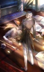 2boys artist_request black_coat black_shoes blonde_hair blood bloody_weapon blue_crown carpet clenched_hand closed_mouth coat coattails collared_coat couch crown dagger day dress_pants dress_shoes elf expressionless fairy_wings feet_out_of_frame full_body game_cg grey_eyes grey_hair hair_between_eyes hair_spread_out highres holding holding_dagger holding_knife holding_weapon king knife light_particles light_rays long_sleeves looking_at_viewer looking_back lying male_focus medium_hair mercury_(shining_nikki) multiple_boys murder nikki_(series) official_art on_stomach pants pointy_ears pointy_nose red_wings robe scepter shining_nikki shoes third-party_source torn_wings unworn_crown weapon white_pants white_robe window wings