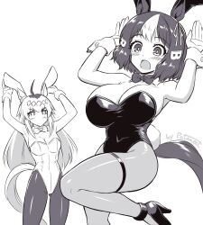 2girls ahoge animal_ear_hairband animal_ears armpits arms_up belno_light_(umamusume) black_leotard blush bow bowtie breasts cleavage detached_collar ear_bow ear_ornament ear_ribbon fake_animal_ears fake_tail greyscale hair_ornament hairband high_heels highleg highleg_leotard highres horse_ears horse_girl horse_tail large_breasts leotard letter_hair_ornament long_hair monochrome multicolored_hair multiple_girls nontraditional_playboy_bunny oguri_cap_(umamusume) open_mouth pantyhose pataneet playboy_bunny rabbit_ears rabbit_pose rabbit_tail short_hair strapless strapless_leotard tail umamusume umamusume:_cinderella_gray wrist_cuffs