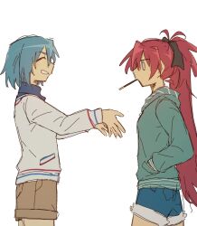 black_bow blue_hair blue_shorts blush bow breasts brown_shorts closed_eyes denim denim_shorts feet_out_of_frame food food_in_mouth from_side green_hoodie hair_bow hand_in_pocket high_collar highres hood hood_down hoodie long_hair looking_at_another mahou_shoujo_madoka_magica miki_sayaka pocky pocky_in_mouth ponytail profile red_hair sakura_kyoko shirt short_hair shorts simple_background small_breasts smile sorghum39919263 standing teeth white_background white_shirt yuri
