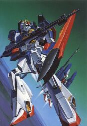 1980s_(style) aeug artist_request beam_cannon beam_rifle box_art energy_gun gundam gundam_mk_ii machinery mecha mecha_focus mobile_suit no_humans official_art oldschool painting_(medium) retro_artstyle robot scan science_fiction shield space super_gundam thrusters traditional_media vernier_thrusters weapon zeta_gundam zeta_gundam_(mobile_suit)