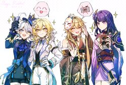1boy 3girls absurdres aether_(genshin_impact) artist_name bare_shoulders black_gloves blonde_hair blue_eyes blue_hair blue_hat blunt_bangs blush bow bowtie bracelet braid camera cellphone closed_mouth dated flower formal_clothes friends furina_(genshin_impact) genshin_impact gloves hair_between_eyes hair_flower hair_ornament hair_over_shoulder hand_on_own_hip hand_up hat highres holding holding_camera holding_phone japanese_clothes jewelry light_blush long_hair lumine_(genshin_impact) magicrabbit49586 mask mask_on_head mole mole_under_eye multicolored_hair multiple_girls one_eye_closed open_mouth phone purple_eyes purple_hair purple_nails raiden_shogun short_hair shorts simple_background single_braid speech_bubble spoken_expression spoken_star spoken_x standing star_(symbol) suit sweat white_background white_gloves white_hair yellow_eyes