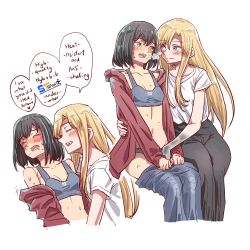 Rule 34 | 2girls, anjuro zeeku, black hair, blonde hair, blue eyes, blush, breasts, breath, closed eyes, clothes pull, collarbone, drooling, english text, eye contact, fang, fingering, fingering through clothes, grey sports bra, heterochromia, highres, implied fingering, kamikoshi sorawo, long hair, looking at another, medium breasts, multiple girls, nishina toriko, open mouth, pants, pants pull, shirt, short hair, simple background, smile, speech bubble, sports bra, sweat, t-shirt, through clothes, transparent hand, urasekai picnic, white background, yuri