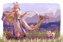 1girl 4others absurdres animal_ears arknights bare_shoulders bead_necklace beads blonde_hair breasts brooch cat_ears cat_tail collarbone dragon_girl dragon_horns dragon_tail earrings eastern_dragon_horns eastern_dragon_tail following full_body green_eyes haaiiro hair_between_eyes highres holding horns jewelry long_hair medium_breasts multiple_others necklace open_mouth pointy_ears shirt shu_(arknights) smile strapless strapless_shirt tail tassel tassel_earrings
