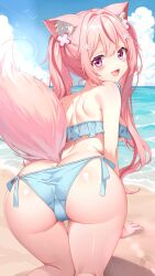 1girl absurdres all_fours animal_ears ass back bare_shoulders beach bikini blue_bikini cat_ears cat_tail cinu frilled_bikini frills from_behind highres long_hair looking_at_viewer looking_back median_furrow open_mouth original pink_hair purple_eyes side-tie_bikini_bottom smile solo swimsuit tail thighs twintails