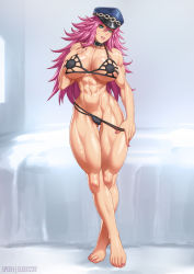 1girl abs bikini blue_eyes breasts capcom collar elee0228 final_fight hat highres large_breasts long_legs looking_at_viewer midriff muscular muscular_female pink_hair poison_(final_fight) police_hat second-party_source speh swimsuit