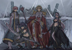 1girl 3boys alternate_color arch_bishop_(ragnarok_online) armor armored_boots bad_id belt black_boots black_coat black_eyes black_gloves black_hair black_hairband black_pants black_scarf black_shirt blonde_hair blue_coat boots bow_(weapon) breastplate breasts brown_belt brown_horns cape cleavage closed_mouth coat crop_top cropped_jacket cross cross_necklace cross_of_prontera fingerless_gloves front_slit frown full_body gloves grey_background grey_hair hairband headphones holding holding_bow_(weapon) holding_staff holding_weapon horns jacket jewelry lala_(sputnik) leg_armor long_hair long_sleeves looking_at_viewer medium_breasts multiple_boys navel necklace on_one_knee open_clothes open_coat pants pink_hair ragnarok_online ranger_(ragnarok_online) red_cape red_tabard ruins rune_knight_(ragnarok_online) scarf shirt short_hair sleeveless sleeveless_shirt smile spiked_pauldrons staff standing suspenders tabard thighhighs very_long_hair warlock_(ragnarok_online) weapon white_jacket white_shirt white_thighhighs