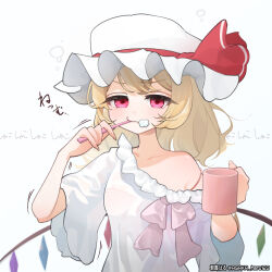 Rule 34 | 1girl, asaka haru123, blonde hair, brushing teeth, bubble, camisole, collarbone, commentary request, crystal wings, cup, flandre scarlet, hat, highres, holding, holding cup, holding toothbrush, medium hair, mob cap, mug, pajamas, pink camisole, red eyes, single bare shoulder, sleepy, solo, squeans, strap slip, toothbrush, touhou, upper body, white hat, white pajamas