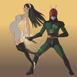 10s 1boy 1girl arched_back artist_request black_thighhighs blush breasts clenched_teeth closed_eyes crossover energy_sword artistic_error gradient_background hairband high_heels highres kamen_rider kamen_rider_black_rx kamen_rider_black_rx_(series) kanchou kumashiro_maya large_insertion legs looking_at_viewer object_insertion pregnant revolcane seikimatsu_occult_gakuin shoes simple_background skindentation smile standing sweat sword teeth thighhighs weapon weapon_insertion what