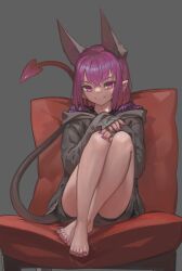 1girl black_hoodie black_shorts chair closed_mouth demon_girl demon_horns demon_tail full_body grey_background hands_on_own_knee highres hood hoodie horns looking_at_viewer medium_hair nail_polish on_chair original paintrfiend pointy_ears purple_eyes purple_hair purple_nails shorts simple_background sitting smile solo tail thighs