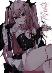 1girl bare_shoulders blood bow double-parted_bangs flat_chest hair_between_eyes hair_ornament halterneck highres holding holding_test_tube krul_tepes leg_over_thigh long_hair looking_at_viewer owari_no_seraph pink_hair pointy_ears red_bow red_eyes sitting sleeves_past_wrists smile solo test_tube uxvqx vampire very_long_hair white_background