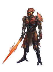 absurdres bionicle commentary energy_sword english_commentary full_body glowing glowing_eyes green_eyes highres holding holding_sword holding_weapon humanoid_robot kanohi_(bionicle) kory_cromie loincloth looking_ahead redesign robot simple_background solo standing sword tahu_(bionicle) the_lego_group weapon white_background