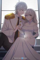 Rule 34 | 1boy, 1girl, absurdres, black shirt, breasts, buttons, caelus (honkai: star rail), cleavage, dress, epaulettes, firefly (honkai: star rail), green pupils, grey hair, hair between eyes, hair intakes, hand grab, hetero, highres, honkai: star rail, honkai (series), jacket, jewelry, medium breasts, off-shoulder dress, off shoulder, open clothes, open jacket, ring, shirt, starflake (starclusteriu), trailblazer (honkai: star rail), wedding ring, white dress, white jacket
