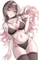 1girl absurdres among_us bare_shoulders black-framed_eyewear black_bra black_choker black_panties black_thighhighs blush bow bow_bra bow_panties bra breasts breasts_apart brown_hair chaisia_art choker collarbone commentary crewmate_(among_us) english_commentary fingernails floral_print floral_print_bra floral_print_panties glasses gradient_hair green_eyes hair_between_eyes hair_ornament hairclip hand_up highres jewelry lace lace-trimmed_bra lace-trimmed_panties lace_trim large_breasts lips long_hair looking_at_viewer lying michi_(chaisia_art) multicolored_hair navel on_back original paid_reward_available panties parted_lips patreon_username pendant pink_hair red_(among_us) round_eyewear solo stomach string_panties thighhighs underwear underwear_only very_long_hair
